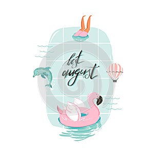 Hand drawn vector abstract cartoon summer time fun illustration with pink flamingo buoy ring in swimming pool and modern