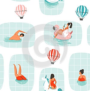 Hand drawn vector abstract cartoon summer time fun illustration seamless pattern with swimming people in swimming pool