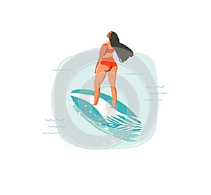 Hand drawn vector abstract cartoon summer time fun illustrations icon with swimming surfer girl on longboard in blue