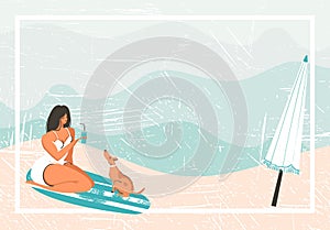 Hand drawn vector abstract cartoon summer time fun retro vintage background with girl ,surf board,dog and umbrella on