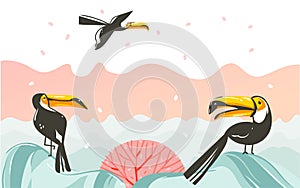 Hand drawn vector abstract cartoon summer time graphic illustrations art with beach sunset scene and tropical toucan birds with co
