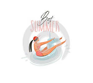 Hand drawn vector abstract cartoon summer time graphic illustrations art with beauty girl on unicorn float ring swimming