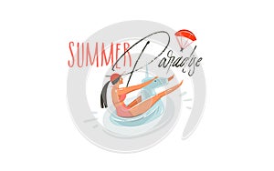 Hand drawn vector abstract cartoon summer time graphic illustrations art with beauty girl on unicorn float ring swimming