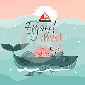 Hand drawn vector abstract cartoon summer time graphic illustrations art template print background with beauty whale in