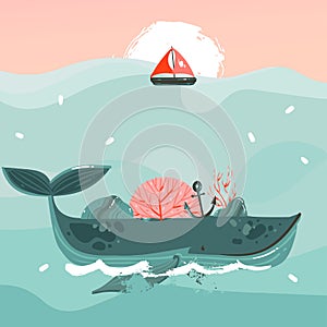 Hand drawn vector abstract cartoon summer time graphic illustrations art template print background with beauty whale in