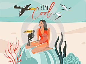 Hand drawn vector abstract cartoon summer time graphic illustrations art template sign background with girl,toucan birds on beach