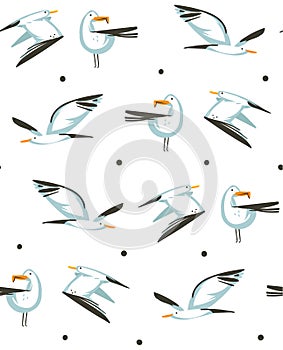 Hand drawn vector abstract cartoon summer time graphic illustrations artistic seamless pattern with flying sea gulls on