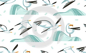 Hand drawn vector abstract cartoon summer time graphic illustrations artistic seamless pattern with flying sea gulls