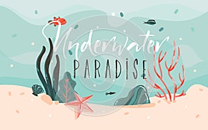 Hand drawn vector abstract cartoon summer time graphic illustrations template background with ocean bottom,corals reefs