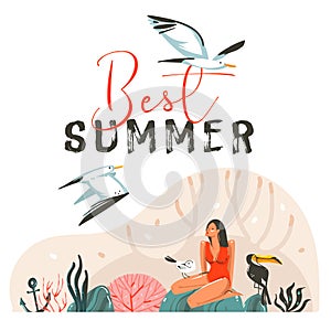 Hand drawn vector abstract cartoon summer time graphic illustrations template cards with girl,sea gull birds on beach