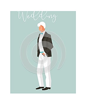 Hand drawn vector abstract cartoon wedding groom illustration element isolated on blue background