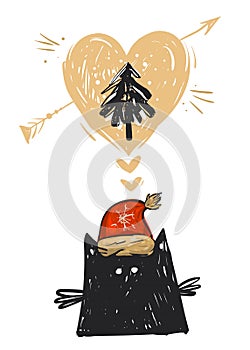 Hand drawn vector abstract Christmas card with illustration of black cat funny character in red Santa Claus hat