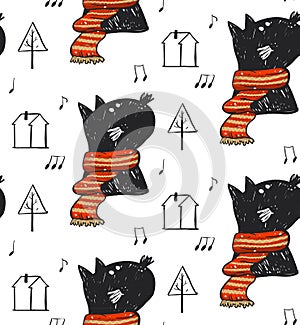 Hand drawn vector abstract Christmas seamless pattern with cute black cat in red scarf illustration,notes,Christmas