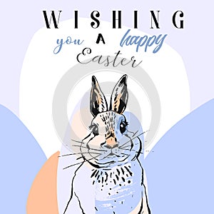 Hand drawn vector abstract collage funny poster with realistic rabbit,Easter eggs and Happy Easter quotes in pastel