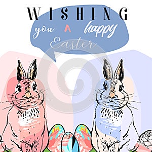 Hand drawn vector abstract collage funny poster with realistic rabbits,Easter eggs and Happy Easter quotes in pastel