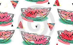 Hand drawn vector abstract collage seamless pattern with watermelon motif and triangle hipster shapes isolated on white