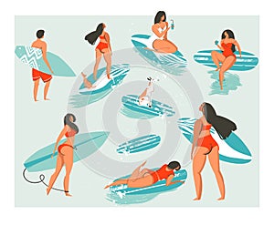 Hand drawn vector abstract collection of cute funny people in swimwear surfing in sea or ocean. Bundle of happy surfers
