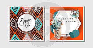 Hand drawn vector abstract creative collage freehand textured save the date greeting cards collection set template with