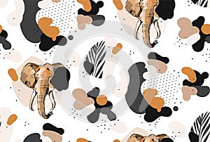 Hand drawn vector abstract creative graphic artistic illustrations seamless collage pattern with sketch elephant drawing photo