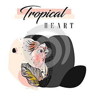 Hand drawn vector abstract creative tropical parrot collage with freehand organic texture and Tropical heart modern