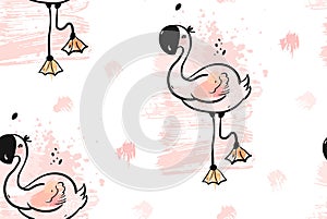 Hand drawn vector abstract creative unusual tropical cute seamless pattern with pink flamingo in pastel colors isolated