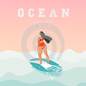 Hand drawn vector abstract cute summer time beach surfer girl illustration with red bikini,surfboard and modern