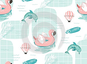 Hand drawn vector abstract cute summer time cartoon illustrations seamless pattern with pink flamingo float circle