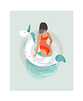 Hand drawn vector abstract cute summer time fun beach young girl illustration with unicorn swimming pool float rubber