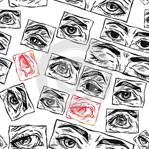 Hand drawn vector abstract flat stock graphic icon illustration sketch seamless pattern with manga female eyes and