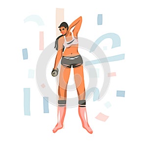 Hand drawn vector abstract flat stock graphic illustration with young happy female, doing fitness with dumbbels on