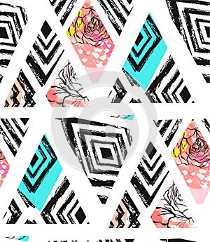 Hand drawn vector abstract freehand textured seamless pattern collage with zebra motif,organic textures,triangles and
