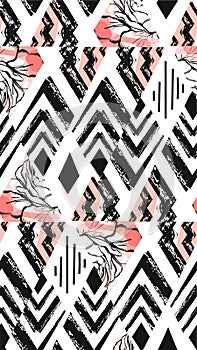 Hand drawn vector abstract freehand textured seamless pattern collage with zebra motif,organic textures,triangles