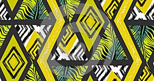 Hand drawn vector abstract freehand textured seamless tropical pattern collage with zebra motif,organic textures