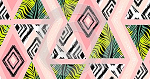 Hand drawn vector abstract freehand textured seamless tropical pattern collage with zebra motif,organic textures