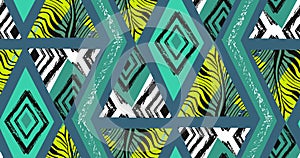 Hand drawn vector abstract freehand textured seamless tropical pattern collage with zebra motif,organic textures