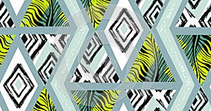 Hand drawn vector abstract freehand textured seamless tropical pattern collage with zebra motif,organic textures