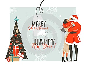 Hand drawn vector abstract fun Happy New Year time cartoon retro vintage illustrations card with romantic couple who