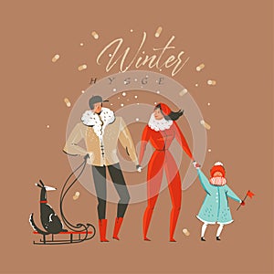 Hand drawn vector abstract fun Merry Christmas and Happy New Year time cartoon illustration greeting card with family