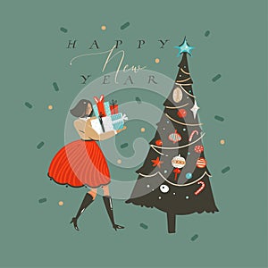 Hand drawn vector abstract fun Merry Christmas and Happy New Year time cartoon illustration greeting card with xmas