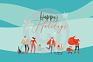 Hand drawn vector abstract fun Merry Christmas and Happy New Year time cartoon illustration greeting card with xmas