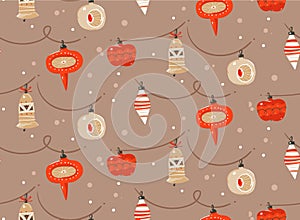 Hand drawn vector abstract fun Merry Christmas and Happy New Year time cartoon rustic festive seamless pattern with cute