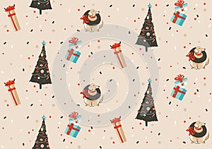 Hand drawn vector abstract fun Merry Christmas and Happy New Year time cartoon rustic festive seamless pattern with cute