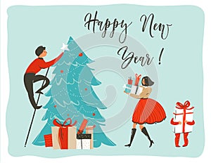 Hand drawn vector abstract fun Merry Christmas time cartoon card poster template with cute illustrations of family