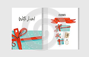Hand drawn vector abstract fun Merry Christmas time cartoon cards collection set with cute illustrations of dog in