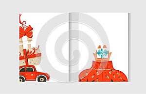 Hand drawn vector abstract fun Merry Christmas time cartoon cards collection set with cute illustrations and surprise