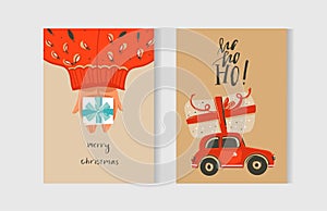 Hand drawn vector abstract fun Merry Christmas time cartoon cards collection set with cute illustrations and surprise