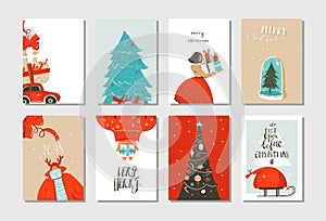 Hand drawn vector abstract fun Merry Christmas time cartoon cards collection set with cute illustrations,surprise gift