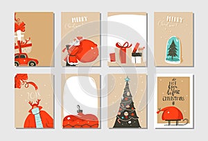 Hand drawn vector abstract fun Merry Christmas time cartoon cards collection set with cute illustrations,surprise gift