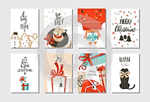 Hand drawn vector abstract fun Merry Christmas time cartoon cards collection set with cute illustrations,surprise gift