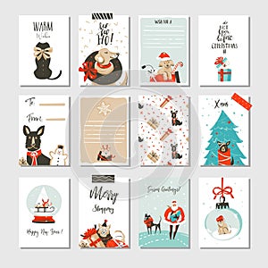 Hand drawn vector abstract fun Merry Christmas time cartoon cards collection set with cute illustrations,surprise gift